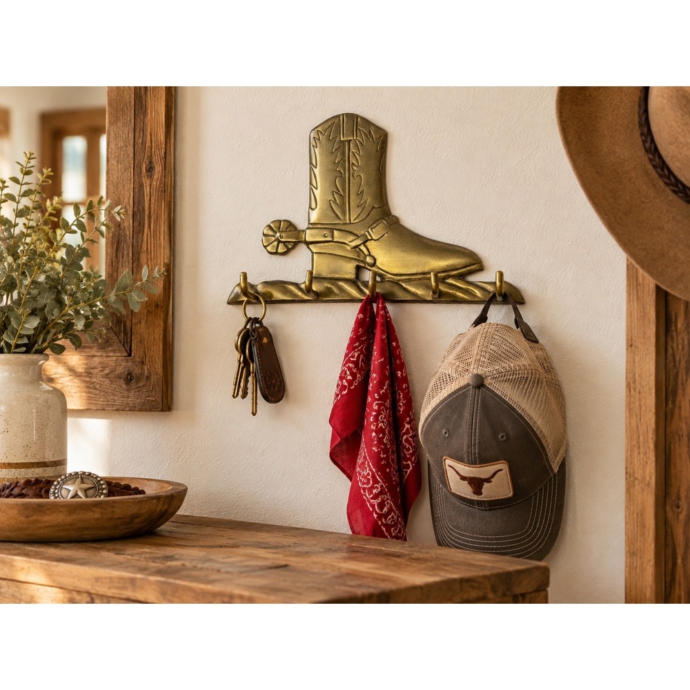 Vintage Andrea by Sadek Brass Cowboy Boot Key Rack 5 Hook Western Wall Decor